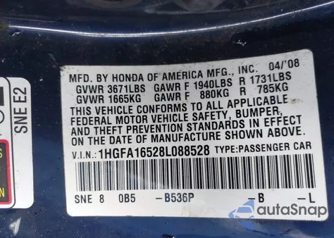 2008 Honda Civic Lx z USA, uszkodzony, nr VIN 1HGFA16528L088528